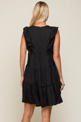 Black Satin Ruffle V-Neck Tiered Dress