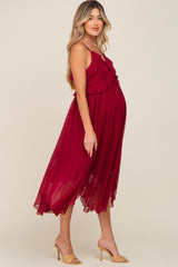 Burgundy Swiss Dot Handkerchief Maternity Midi Dress