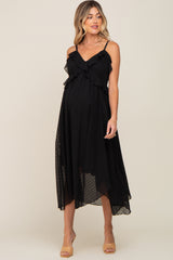 Black Swiss Dot Handkerchief Maternity Midi Dress