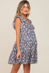 Blue Floral Ruffle Accent Tiered Maternity Dress