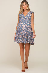 Blue Floral Ruffle Accent Tiered Maternity Dress