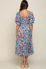 Blue Floral Shimmer Chiffon Ruffle Square Neck Smocked Maternity Midi Dress