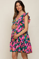 Black Floral V-Neck Ruffle Shoulder Tiered Maternity Dress