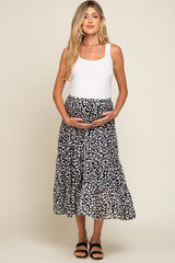 Black Animal Print Tiered Maternity Midi Skirt