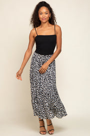 Black Animal Print Tiered Midi Skirt