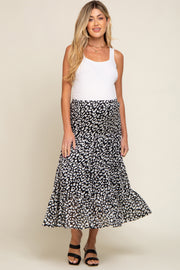 Black Animal Print Tiered Maternity Midi Skirt