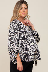 Black Animal Print Balloon Sleeve Maternity Top