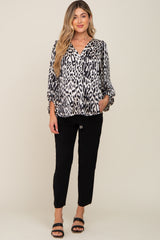 Black Animal Print Balloon Sleeve Maternity Top