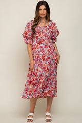 Red Floral Shimmer Chiffon Ruffle Square Neck Smocked Maternity Midi Dress