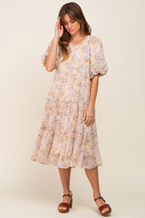 Beige Floral Chiffon Puff Short Sleeve Tiered Maternity Midi Dress