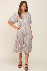 Light Olive Floral Chiffon Puff Short Sleeve Tiered Midi Dress