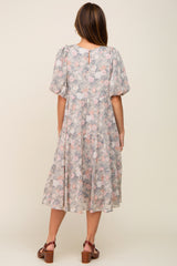 Light Olive Floral Chiffon Puff Short Sleeve Tiered Midi Dress