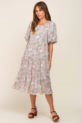 Light Olive Floral Chiffon Puff Short Sleeve Tiered Midi Dress