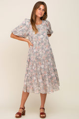 Light Olive Floral Chiffon Puff Short Sleeve Tiered Midi Dress