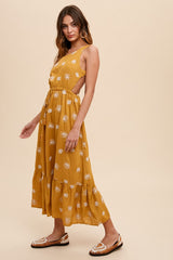 Mustard Tropical Embroidered Open Back Midi Dress