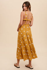 Mustard Tropical Embroidered Open Back Midi Dress