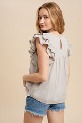 Grey Pintucked Eyelet Flutter Sleeve Blouse