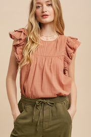 Rust Pintucked Eyelet Flutter Sleeve Blouse