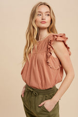 Rust Pintucked Eyelet Flutter Sleeve Blouse