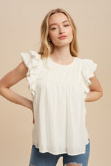 Off White Pintucked Eyelet Flutter Sleeve Blouse