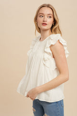 Off White Pintucked Eyelet Flutter Sleeve Blouse