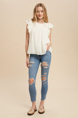 Off White Pintucked Eyelet Flutter Sleeve Blouse