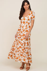 Camel Floral Chiffon Back Cut-Out Tiered Midi Dress