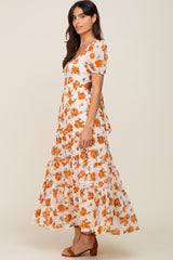 Camel Floral Chiffon Back Cut-Out Tiered Midi Dress