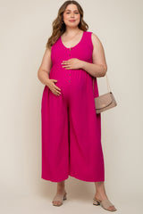 Magenta Button Front WIde Leg Maternity Plus Jumpsuit