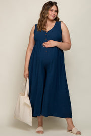 Navy Blue Button Front WIde Leg Maternity Plus Jumpsuit