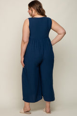 Navy Blue Button Front WIde Leg Maternity Plus Jumpsuit