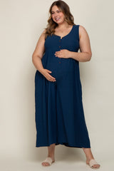 Navy Blue Button Front WIde Leg Maternity Plus Jumpsuit