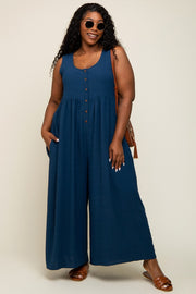 Navy Blue Button Front WIde Leg Plus Jumpsuit