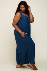 Navy Blue Button Front WIde Leg Plus Jumpsuit