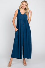 Navy Blue Button Front WIde Leg Maternity Jumpsuit