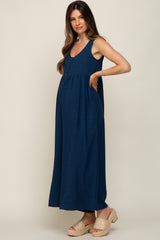 Navy Blue Button Front WIde Leg Maternity Jumpsuit