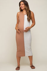 Camel Ribbed Colorblock Maternity Midi Dress