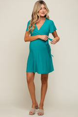 Teal Wrap V-Neck Short Sleeve Maternity Dress