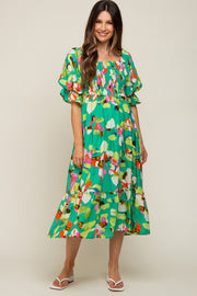 Green Floral Puff Sleeve Maternity Midi Dress