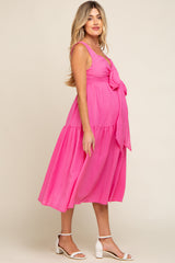 Fuchsia Wrap Front Accent Maternity Midi Dress