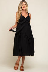 Black Wrap Front Accent Maternity Midi Dress