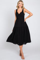 Black Wrap Front Accent Midi Dress