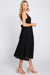 Black Wrap Front Accent Midi Dress