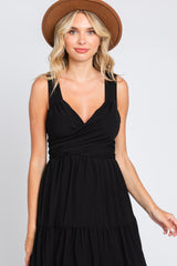 Black Wrap Front Accent Midi Dress