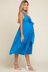 Blue Wrap Front Accent Maternity Midi Dress