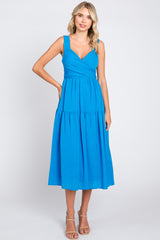 Blue Wrap Front Accent Maternity Midi Dress