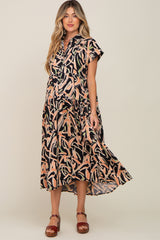 Black Printed Button Down Collared Tiered Maternity Midi Dress