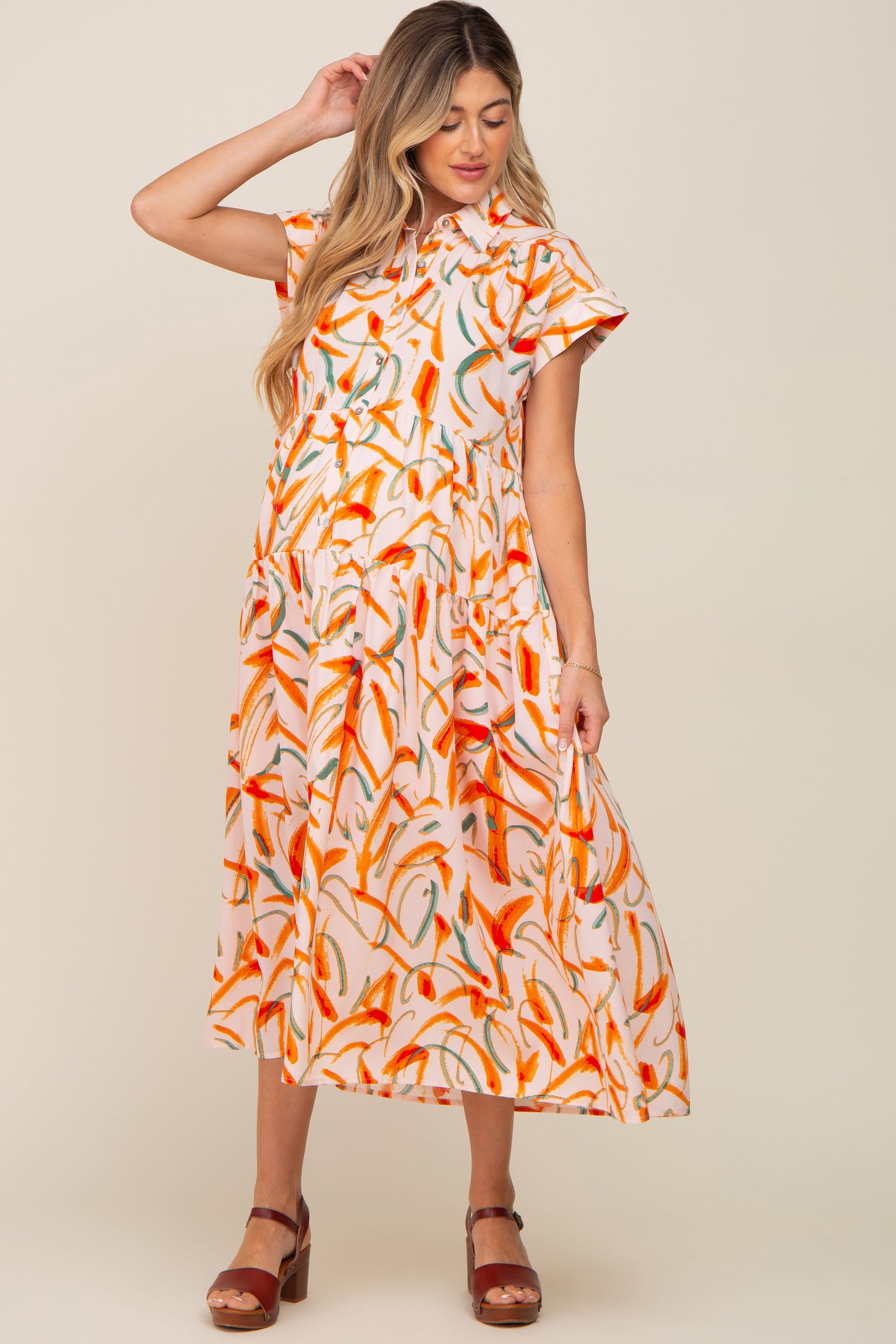 Peach Printed Button Down Collared Tiered Maternity Midi Dress