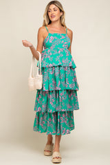 Green Floral Ruffle Tiered Maternity Maxi Dress