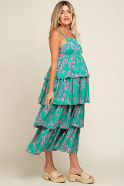 Green Floral Ruffle Tiered Maternity Maxi Dress